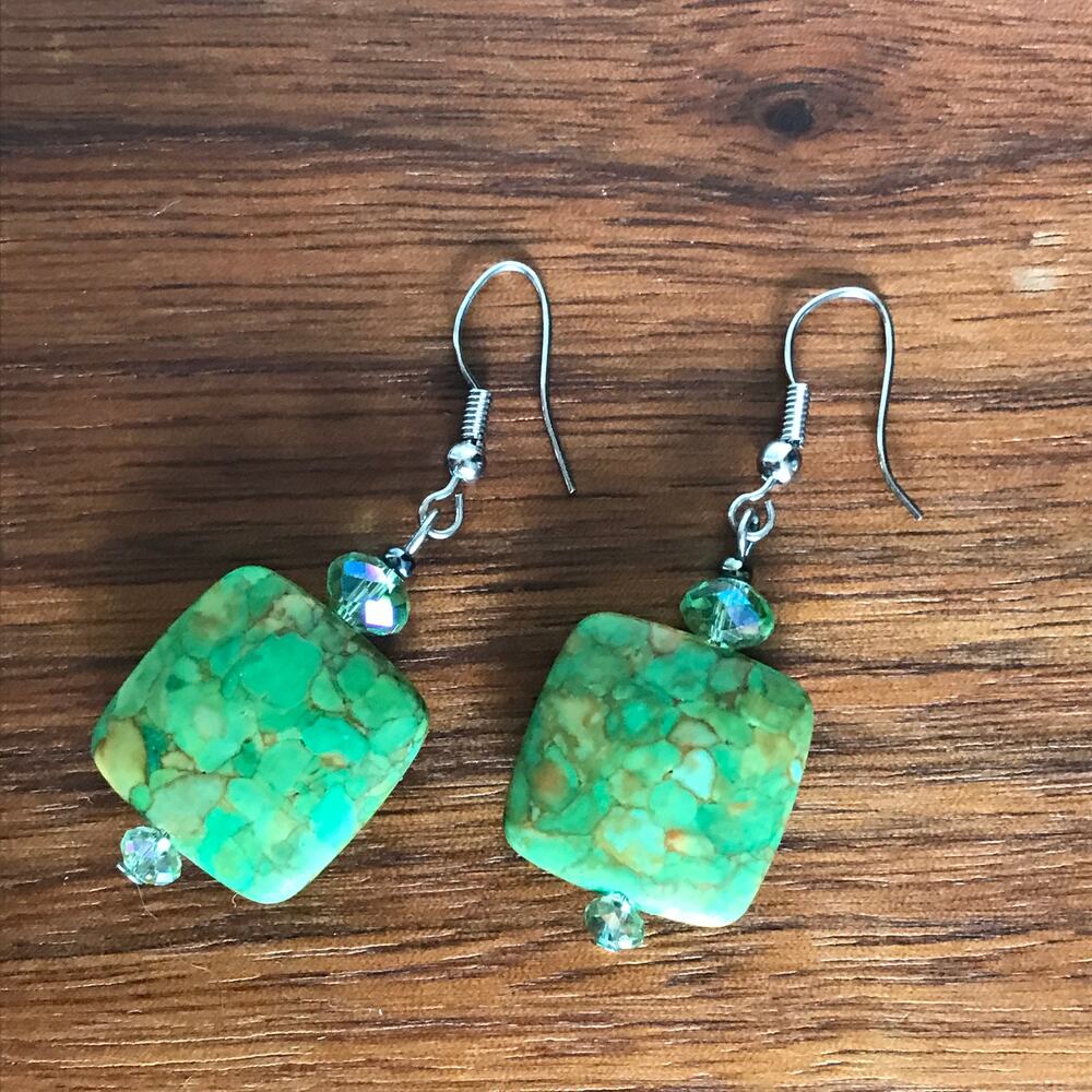 Artisan semiprecious composite green stone dangle earrings